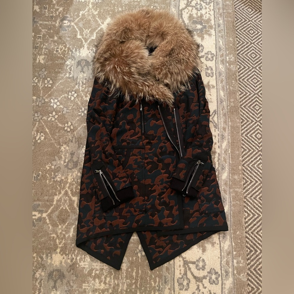 Veronica Beard Camo Parka with Real Fur removable collar